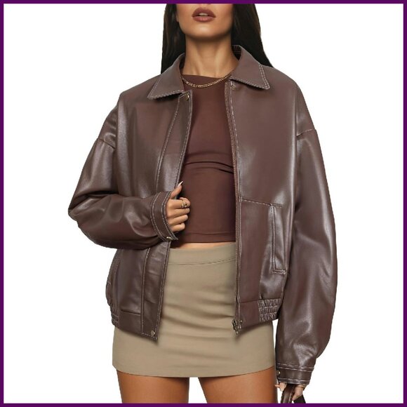 Jackets & Blazers - Faux Leather Motorcycle Jacket Women's Oversized Bomber Fall Winter Coat